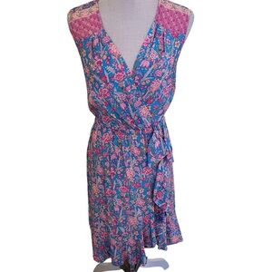 Anthropologie Plenty by Tracy Reese Blue/Pink Print Sleeveless Wrap Dress